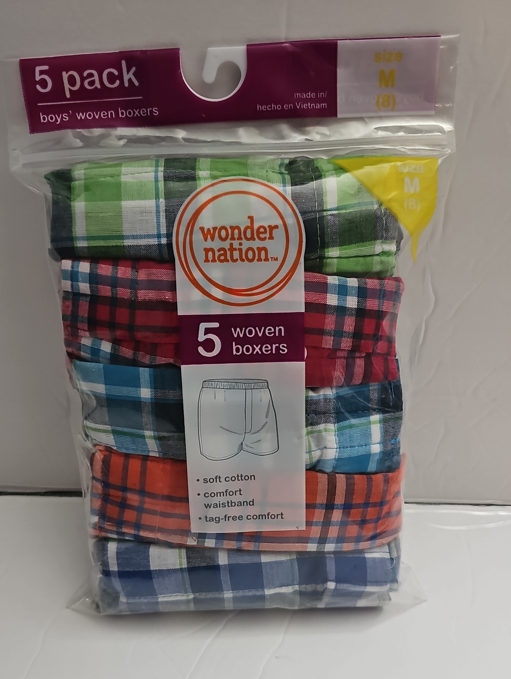 wonder nation Boys 5-Pack Plaid Woven Boxers - Green, Red, Blue, Orange, Navy